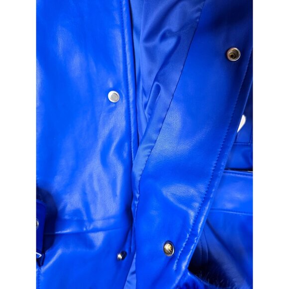 Y2K Does 70s Bright Blue Faux Leather Penny Lane Coat Belted - Picture 4 of 16